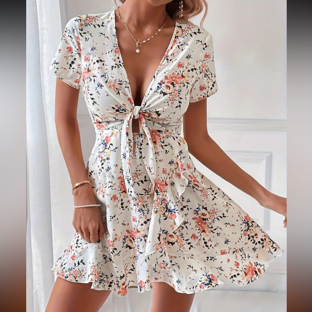 Aster June Plunging floral dress with front bow tie